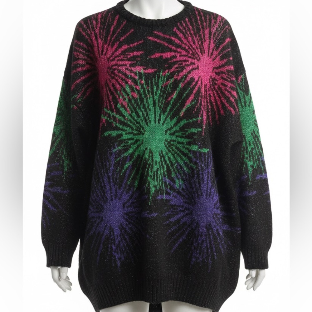 Vintage 80s Distinctly Different Black Knit Metallic Fireworks Sweater - XL